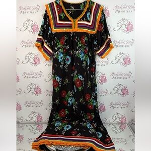 Dress long maxi embroidered bright Floral Black Dress with Multicolor Accents